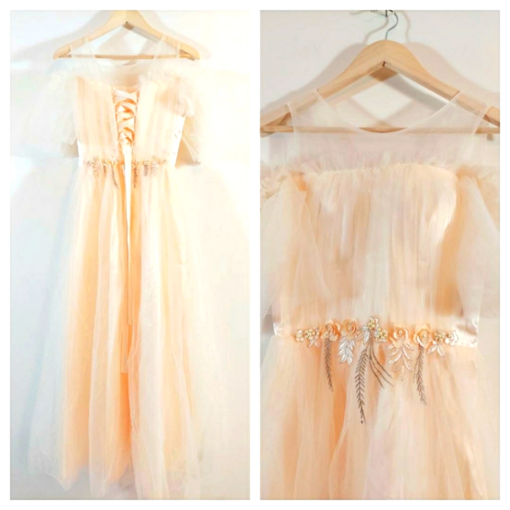 Ethereal Whimsigoth Fairy Pixie Pale peach formal gown prom party dress deco